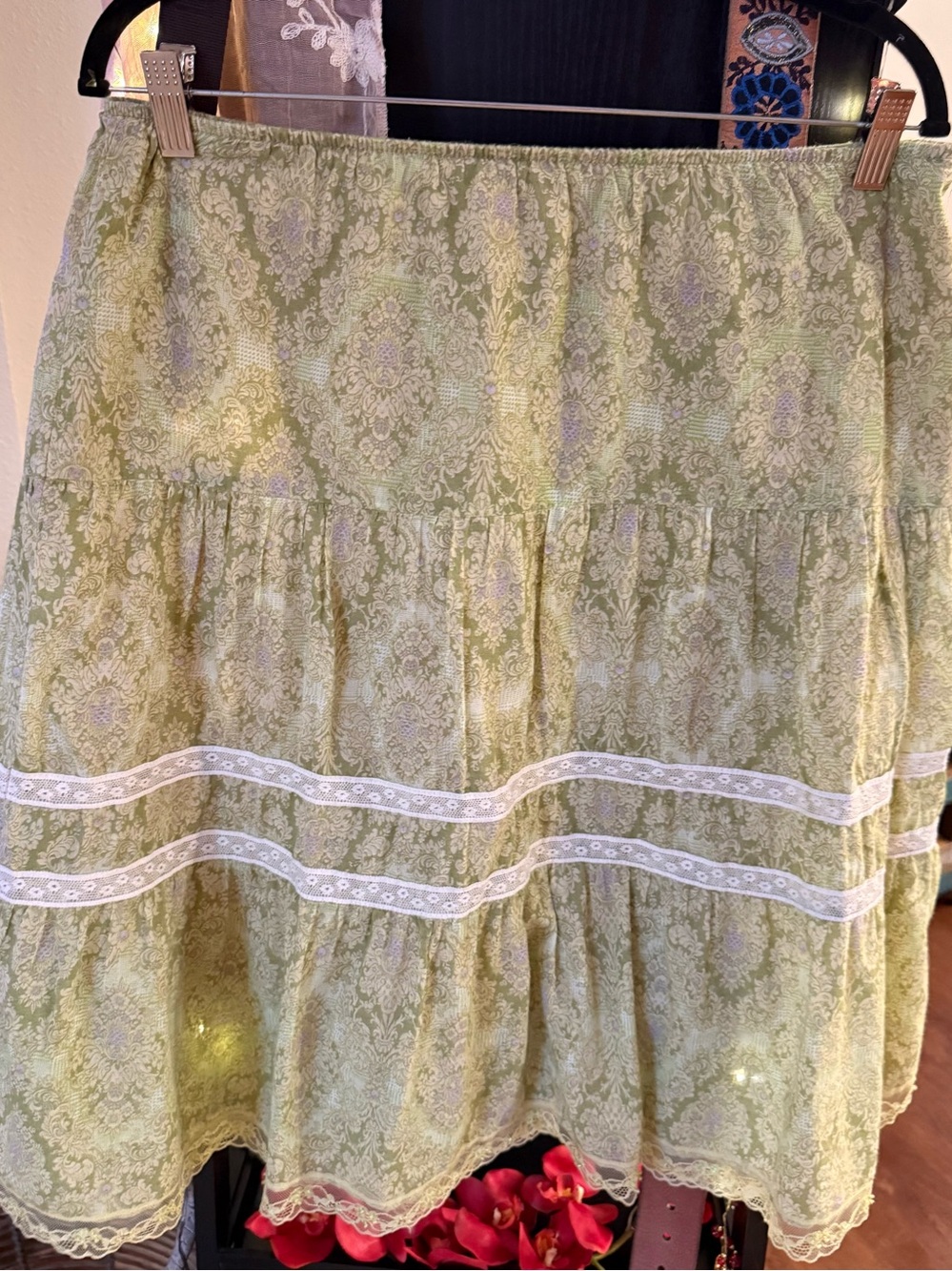 Joe Benbasset Sage Green Tiered Skirt with White Lace Trim